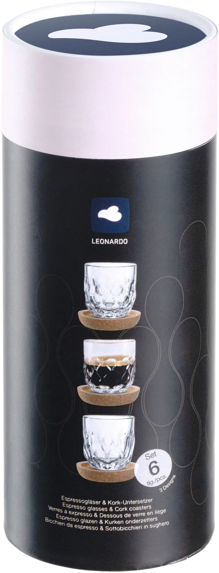 LEONARDO GOCCE Espresso-Set, 6-teilig, elegantes Tropfenrelief, inkl. Kork-Untersetzer 5