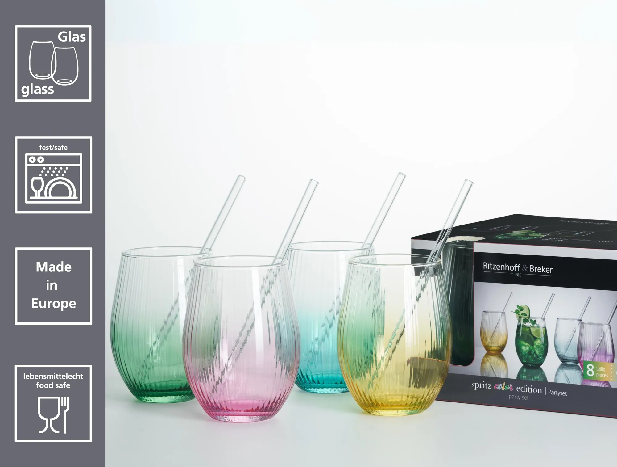 Ritzenhoff Longdrinkglas-Set, 8-tlg., spülmaschinenfest, inkl. Trinkhalme 3